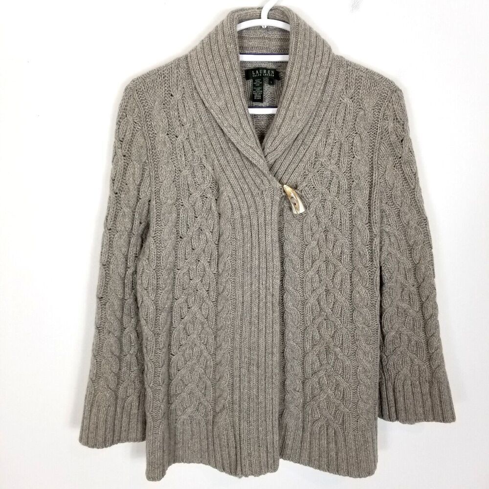 Lauren  Ralph Lauren  Women Angora Wool Blend Cardigan Sweater‎ Sz L Cable Knit